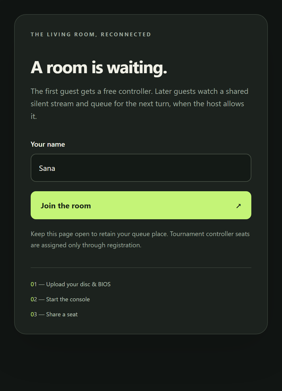The join card titled A room is waiting, with a Your name field and a Join the room button