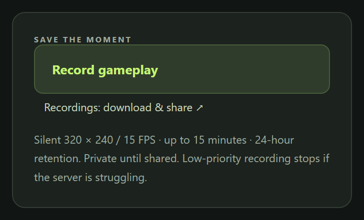 The Save the moment panel with a Record gameplay button and a link to recordings